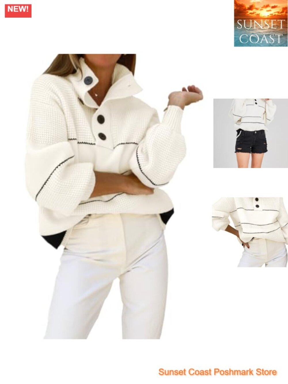 Oversized Waffle Knit Sweater Button Polo Collared Pullover Striped